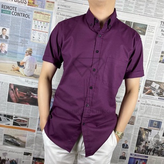 SHIRTFOLDING เสื้อเชิ้ต แขนสั้นคอปก สีม่วง มังคุด กระดุมดำ