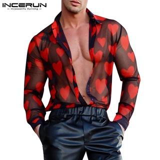 Incerun เสื้อเชิ้ตซีทรู แขนยาว พิมพ์ลายหัวใจ เซ็กซี่ สําหรับผู้ชาย