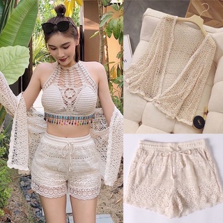 ชุดเซตไปทะเล ชุดเซตบราถักสุดคุ้ม บรา +กางเกง +เสื้อคลุม