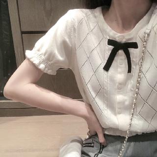 Cute and lovely bow short top 2020 summer new cool feeling ear edge knitted short sleeve woman