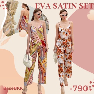 BaseBKK EVA SATIN SET  เซทสายเดี่ยวตัดชายเฉียง ด้านหลังยาวปิดสะโพก คู่กับกางเกงขายาวเอวยืด รุ่นนี้เป็นผ้าซิลค์ซาติน