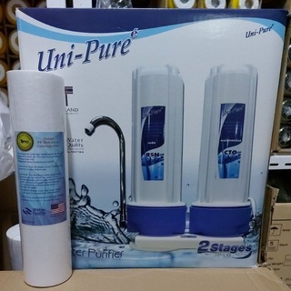 เครื่องกรองน้ำ 2ขั้นตอน Unipure  ชนิดตั้งโต๊ะ มีก๊อกน้ำในตัว อุปกรณ์ติดตั้งครบชุด แถมฟรี ไส้กรอง PP 5ไมครอน 1ชิ้น