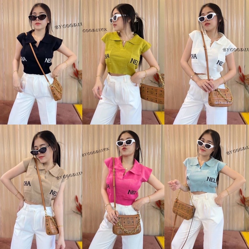 🌈MesubShop🌈เสื้อคอปก กระเป๋าใช้ได้จริง‼️มินิครอปแขนสั้นคอโปโล แต่งกระเป๋าคู่หน้าCh4NEL ขอบเอวจั๊ม โอ