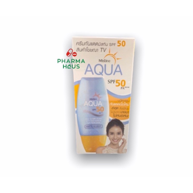 Mistine AQUA base sun UV double protection matte&amp;light facial cream SPF50 PA++++ 40 ml มิสทีนกันแดดหน้า