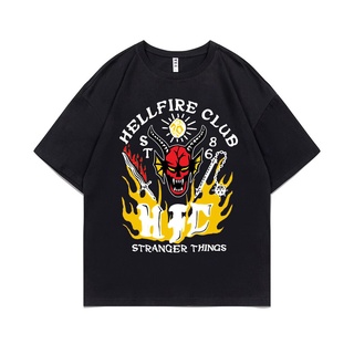 เสื้อยืดคอกลมใหม่ เสื้อยืดผ้าฝ้าย 100% พิมพ์ลายกราฟฟิค Stranger Things 4 Hellfire Club Hawkins แนวตลก สําหรับผู้ชาย และผ