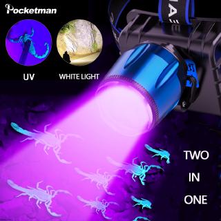 ไฟหน้า UV LED แบบชาร์จไฟได้ ซูมได้ 4 โหมด สีม่วง และสีขาว