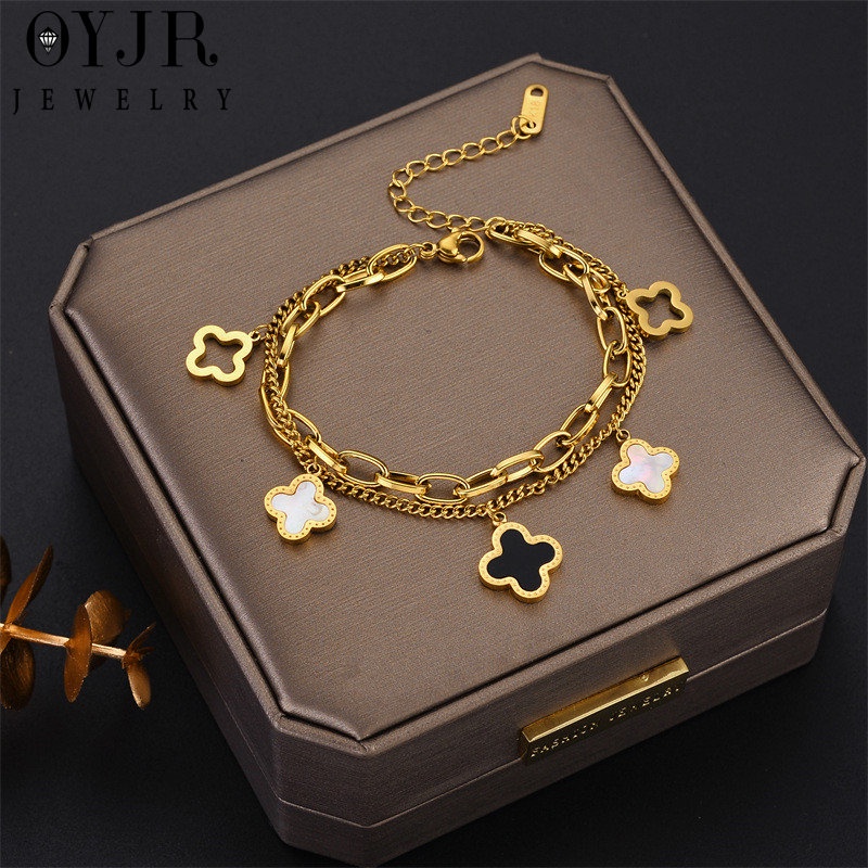 OYJR สร้อยข้อมือไม่ลอกไม่ดำ  สร้อยข้อมือสแตนเลสแท้ ข้อมือเก๋ๆแบบสองชั้นสำหรับผู้หญิง - รูปที่ 4