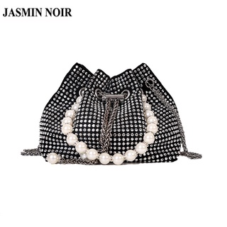 Jasmin NOIR กระเป๋าสะพายข้าง ทรงบักเก็ต ประดับมุก เพชร สําหรับผู้หญิง