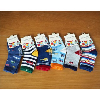 RINLIN ถุงเท้าเด็ก แพ็ค 6คู่ 14-16cm ครึ่งแข้ง แฟชั่น กันลื่น Sport Baby Cartoon Car Socks Space Train Stripe Helicopter