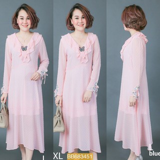 Granddesignplus แม็กซี่เดรสชีฟองปักดิ้นสีทั้งตัว *สีชมพู* Size L