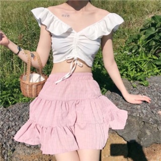 Lolita Sweet Crop เสื้อปาดไหล่รูดหน้า เย็บสมอคหลังใส่เข้ารูป เย็บแต่งระบายที่สายน่ารักๆ  เนื้อผ้า ไหมอิตาลี