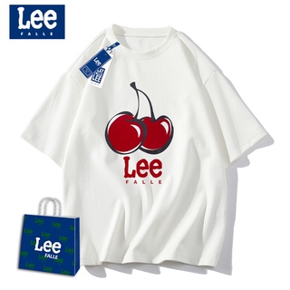 [S-5XL]Leefalle เสื้อยืดแขนสั้นลําลอง ผ้าฝ้าย ลายเชอร์รี่ น้ําหนักเบา สําหรับผู้ชาย และผู้หญิง