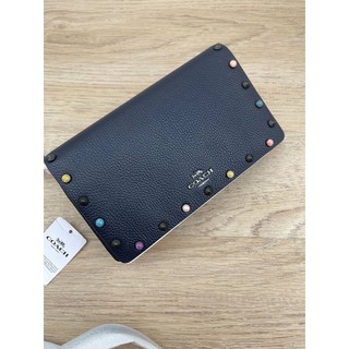 (ผ่อน0%) กระเป๋าสะพายข้าง งาน Shop สีกรมท่า  HAYDEN FOLDOVER CROSSBODY CLUTCH WITH RIVETS (COACH 66613) หนังแท้