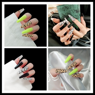 Long Nail Manicure Nail Fluorescent Yellow Leopard False Nail Patch Sexy Women Girl Nail Makeup