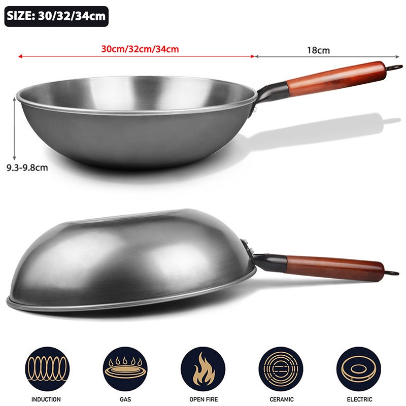 ☒✧№Wooden Handle Iron Wok Non-Coating Iron Pot  Cast Iron Pan General use for Gas and Induction Cooker Chinese Wok Kitch