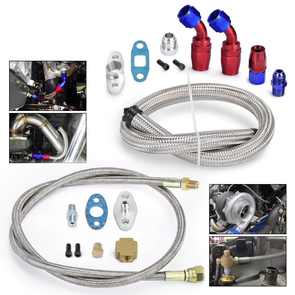 T3 T4 T3/T4 T70 T66 TO4E Turbo Oil Feed Line Oil Return Line Oil Drain Line Kit สีฟ้าและสีแดง TOL21