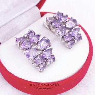 T6430 ต่างหูพลอยอเมทิสต์แท้ ( Amethyst ) แบบอิงลิชล็อค ตัวเรือนเงินแท้ 925 ชุบทองขาว