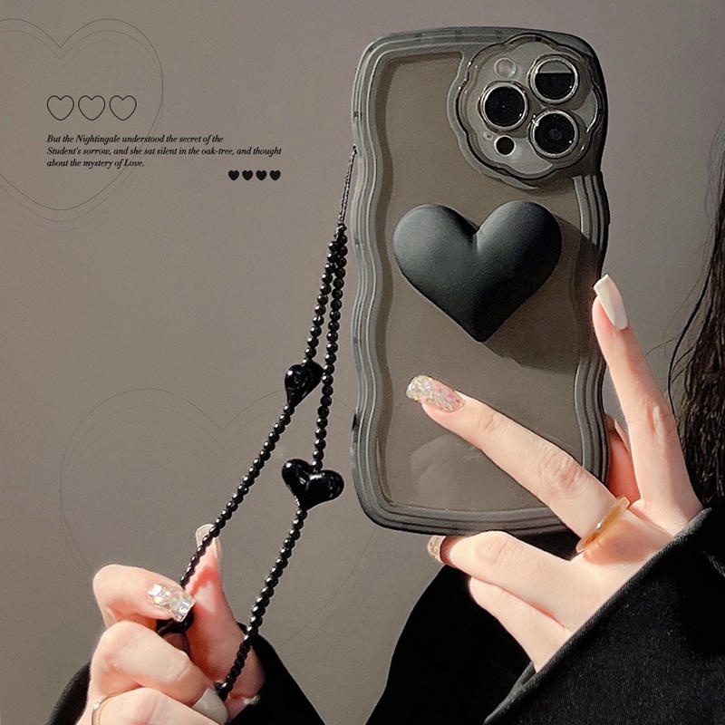 เคสป้องกันโทรศัพท์มือถือ ลายหัวใจ สามมิติ พร้อมสายคล้องมือ สําหรับ Apple Iphone 13 13promax 12 11 X 8P