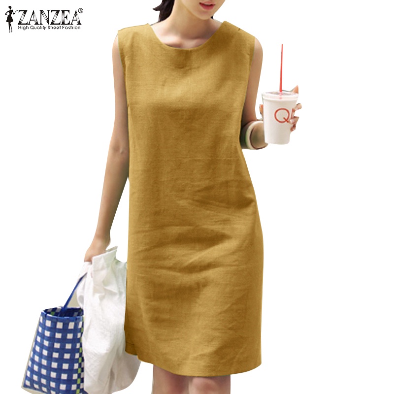 Zanzea ชุดเดรสสั้น แขนกุด ผ่าข้าง สีพื้น เรียบง่าย สําหรับผู้หญิง — صورة 4