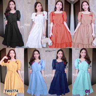 J9774 Dress เดรส คอเหลี่ยม แขนตุ๊กตา Square neck dress, doll sleeves