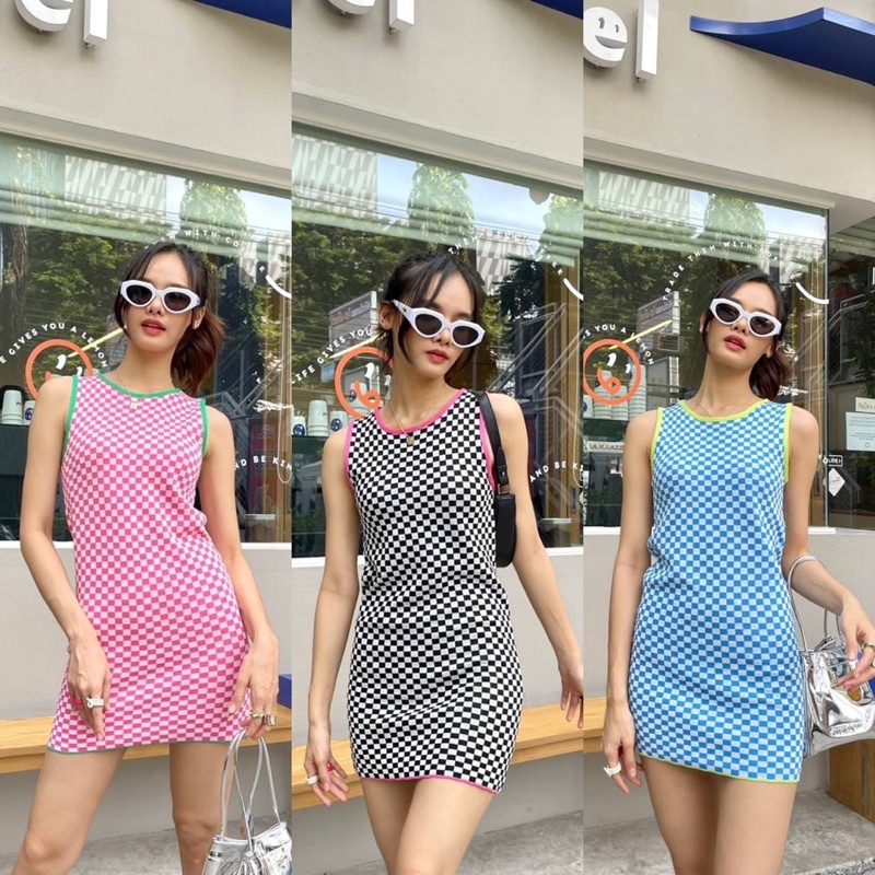 🦋⌁⌒ polly holly -6082 เดรสตารางผ้า knit