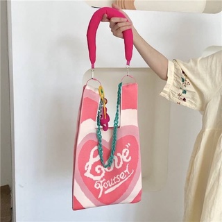 🍭Love shopping bag กระเป๋าถักไหมพรมใบใหญ่หนาอย่างดี🍬 คล้องแขนได้ชิคๆ แถมสายสะพายให้