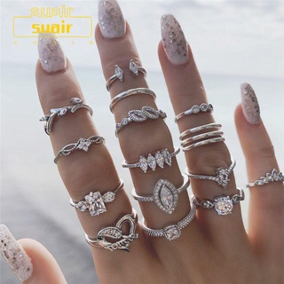 SUBEI 15PCS Women Crystal Fashion Jewelry Elegant Statement Silver Color Rings Set