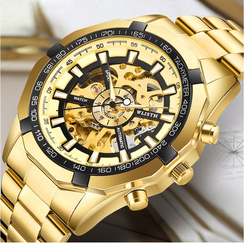 Automatic Watch for Men Mechanical Gold Stainless Steel Glacier Ice Blue  Dial Chestnut Brown Bezel Luminous Reloj Hombre Baratos