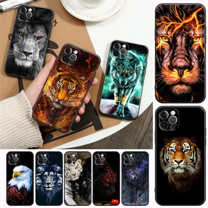 เคสโทรศัพท์มือถือ ซิลิโคนนิ่ม TPU ลายสิงโตหมาป่า เสือ สีดํา สําหรับ iPhone 11 12 13 14 Mini Pro Max XS Max