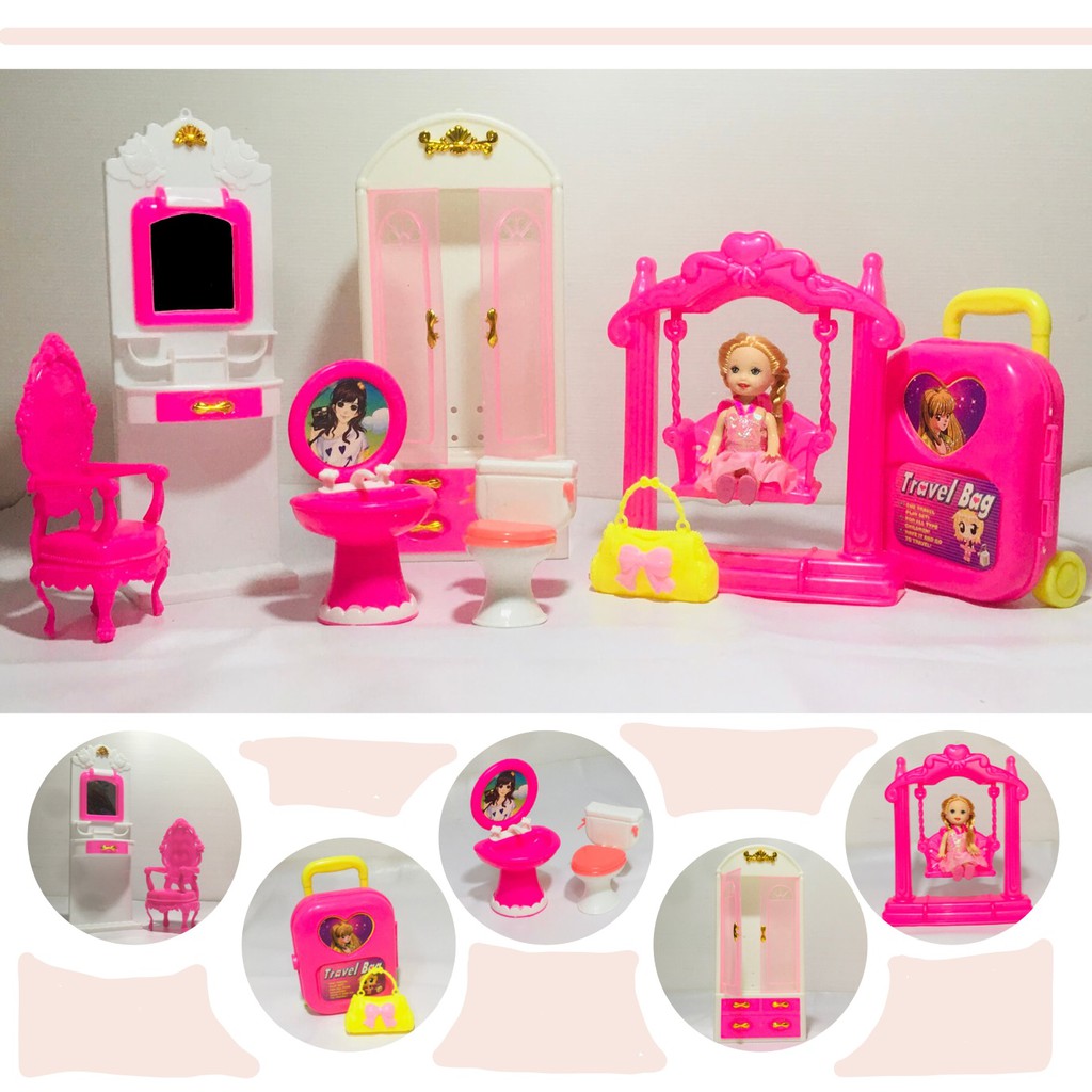 ของเล่นตุ๊กตาบาร์บี้พลาสติก อุปกรณ์บาร์บี้ ของเล่นบทบาทสมมติ ของเล่นในบ้านบาร์บี้ ของใช้ตุ๊กตาทั้งหมด 9 ชิ้น สีสีนสดใส