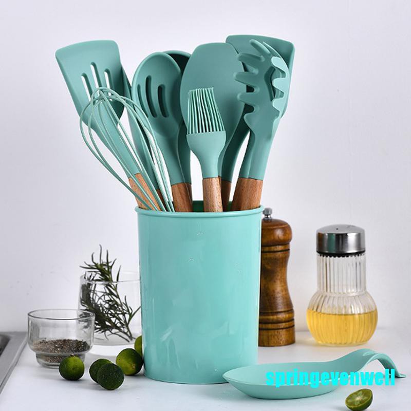 [springevenwell] Silicone Cooking Kitchen Utensils Set Bamboo Wooden ...