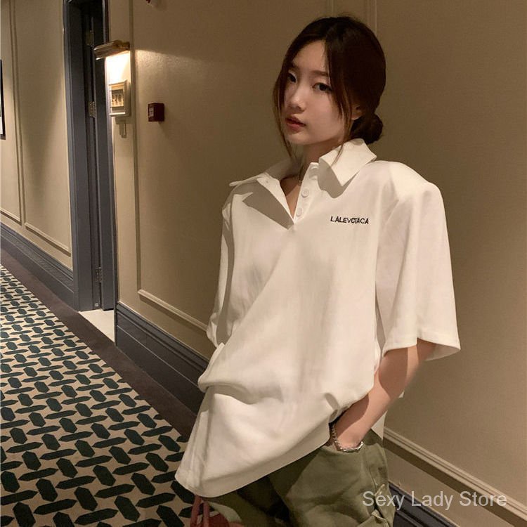 เสื้อยืดโปโลคอปกครึ่งแขนผู้หญิง 2022 หลวมและบางบริสุทธิ์ลมปรารถนาแขน ...