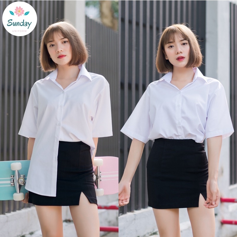 เสื้อนักศึกษาทรงบอย ทรงบอยเอวสลิม ไม่มีกระเป๋า-หลังว่าง Sz.S-XXL แขนกระบอก ยาว10นิ้ว