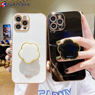 Camellia Holder Samsung Galaxy S21 Plus Ultra FE A82 Casing Cute 6D Plating Straight Edge Camera Protection Soft TPU Phone Case