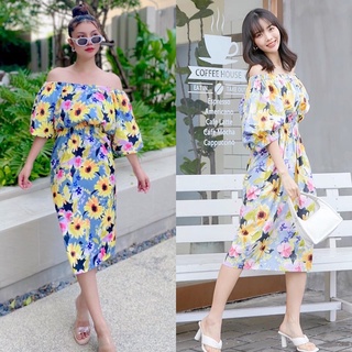 Maxidress เดรสลายดอกไม้ โทนสีเหลืองฟ้า แขนตั๊กตาพอง ใส่เป็นปาดไหล่ก็สวย ชุดลายดอกไม้ งานป้ายypy