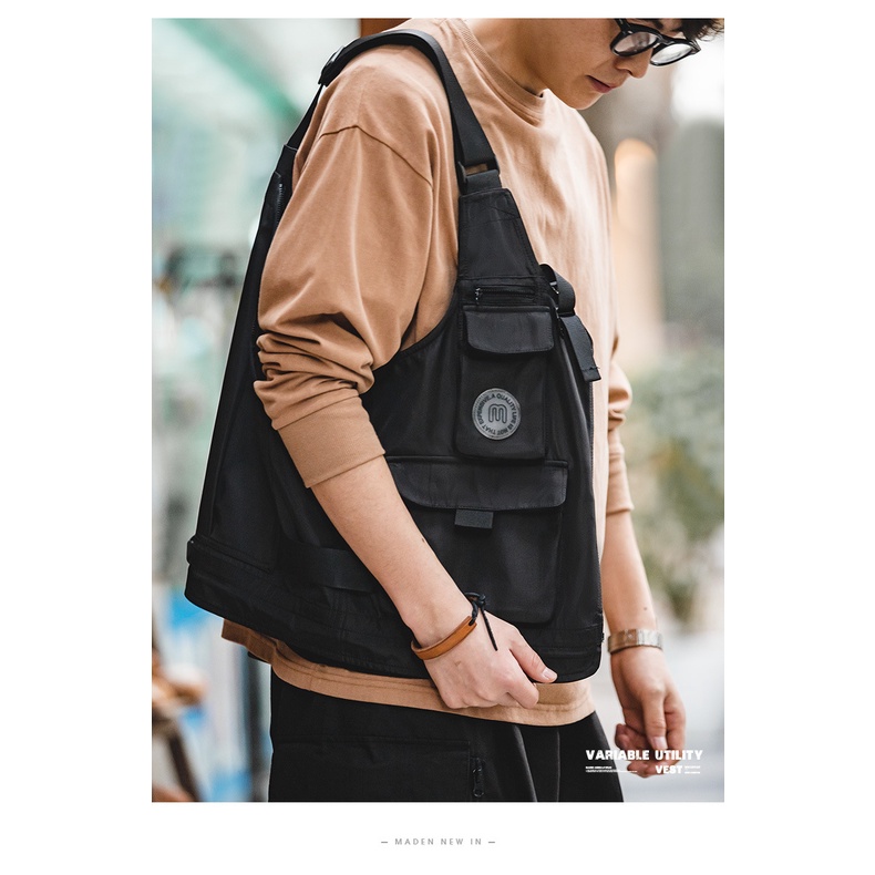 Retro Young Men เครื่องมือกลางแจ้ง Tough Guy ญี่ปุ่น Multi-Functional ยุทธวิธีเกราะเสื้อกั๊กแขนกุดผู้ชาย Dual-U — صورة 4