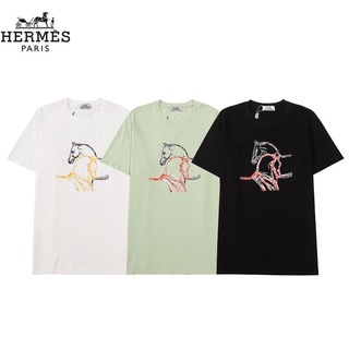 Hermes เสื้อยืดแฟชั่นสําหรับ Unisex ผ้าฝ้ายแขนสั้นพิมพ์ลาย