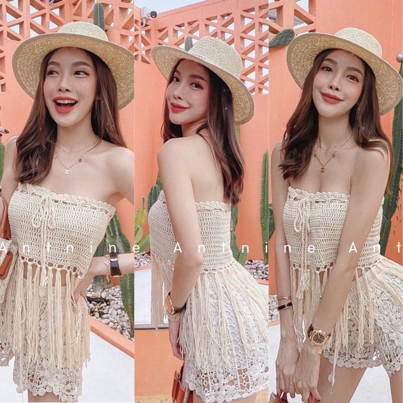 🍑เสื้อเกาะอกถักไหมพรม+กางเกงถัก🍑 เกาะอกชายซุย จับคู่กับกางเกง งานถักไหมพรม ชุดเซทไปทะเล