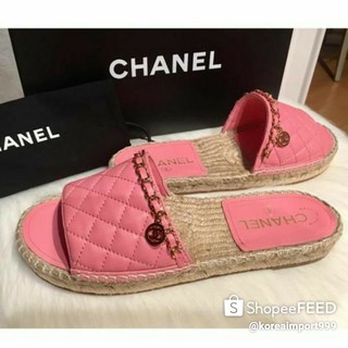 Chanel Pink Gold Chain Espadrilles Cc Mules Sandals