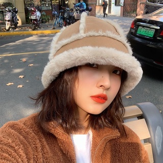 Suede Fisherman Hat Female Wild Japanese Brown Plush Hat Winter Plus Velvet Warm Basin Hat