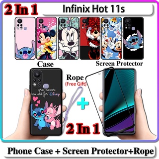 2 IN 1 เคส Infinix Hot 11s พร้อมกระจกนิรภัยกันรอยหน้าจอโค้ง เซรามิค ลาย Stich และ Minnie