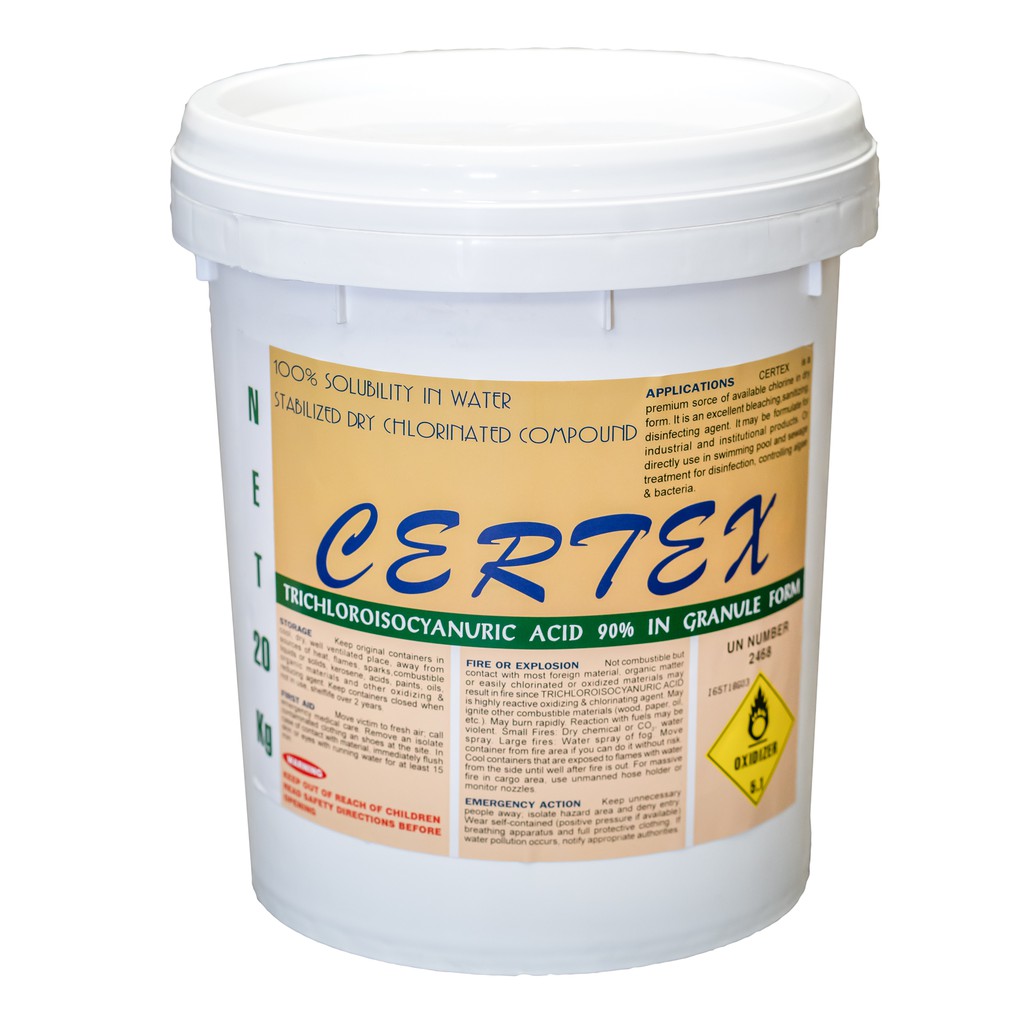 คลอรีนเม็ดเกล็ด TCCA 90% granular form ถัง 20 กก. ตรา CERTEX คลอรีนเกล็ดคลอรีนผง สระว่ายน้ำ***รบกวนสั่งทีละถัง***