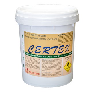 คลอรีนเม็ดเกล็ด TCCA 90% granular form ถัง 20 กก. ตรา CERTEX คลอรีนเกล็ดคลอรีนผง สระว่ายน้ำ***รบกวนสั่งทีละถัง***