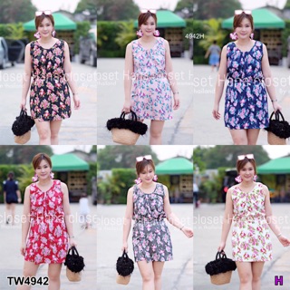 TwinsShopVip💗พร้อมส่ง TW4942 Set สาวอวบ เสื้อคอกระเช้า+กางเกงกระโปรงลายดอก