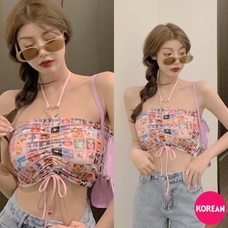 🎀Korean Fashion🎀เสื้อเกาะอก พ์ลายปกนิตยสาร อกแต่งเชือกรูด มีเชือกสำหรับผูกคอ เซ็กซี่เบาๆ ผ้าสกูบ้า