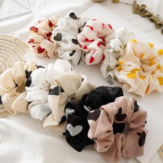 ยางมัดผมผ้าชีฟองพิมพ์ลายหัวใจยางยืด scrunchie