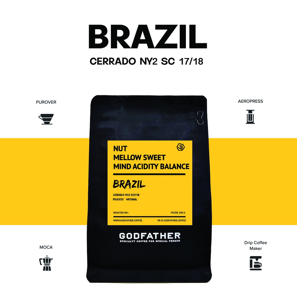 เมล็ดกาแฟคั่วอ่อน  Brazil Cerrado Sc17/18  Natural Process แบรนด์ Godfather Coffee