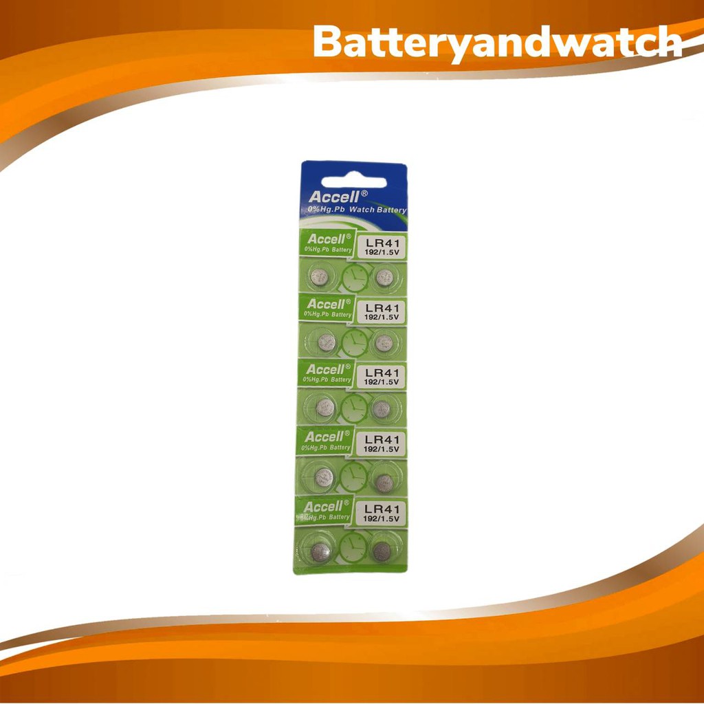 ถ่านกระดุม Accell LR41 , AG3 , L736C , 192 , V3GA , 392A  0% Hg Pb Battery 1.5V  แพ็ค 10 เม็ด