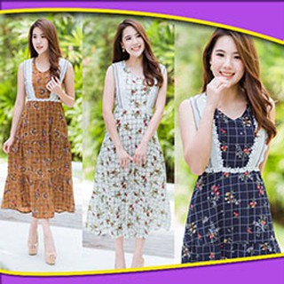 (L) 8 Dress World เดรสกระโปรงยาวแขนกุด ผ้าลายตารางเสริมด้วยดอกไม้เล็กๆน้อยๆ เสื้อผ้า ผ้าพริ้วใส่สบาย เดรสยาว