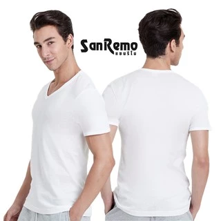 Sanremo Modern Classic แซนรีโม เสื้อยืดผู้ชาย เสื้อยืด คอวี แขนสั้น Cotton นุ่มสบาย ระบายเหงื่อดี สีขาว สีดำ NIS-SCT3